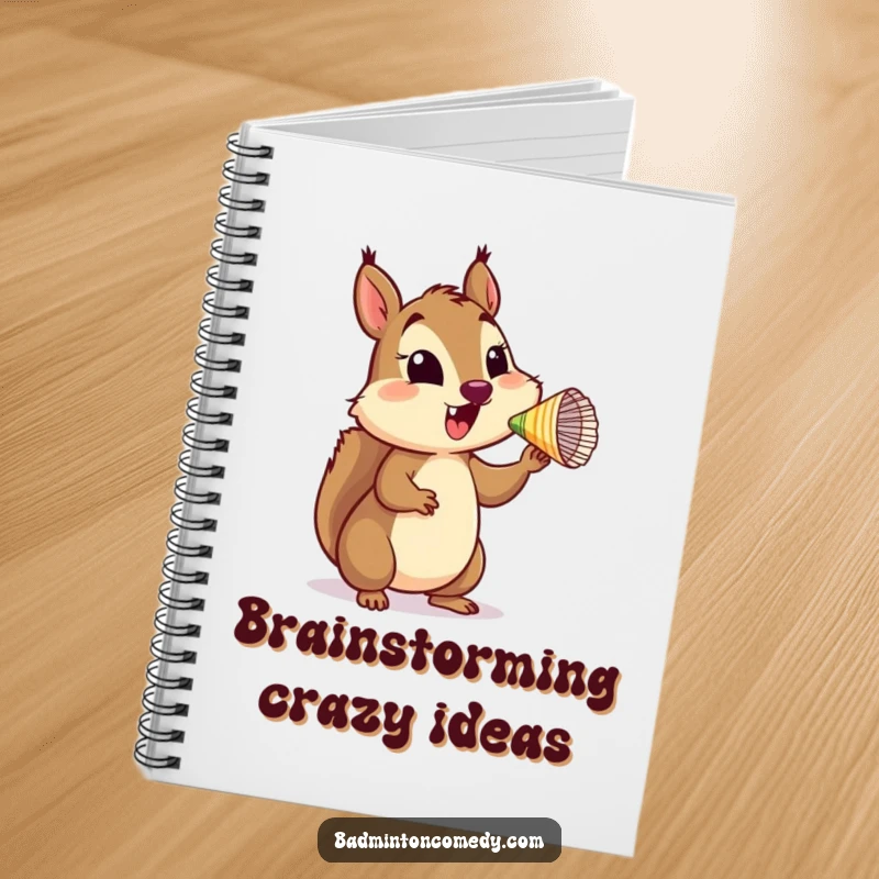 Funny Squirrel Brainstorming Notebook featuring a happy squirrel character balancing a shuttlecock on its nose, ready for creative ideas.