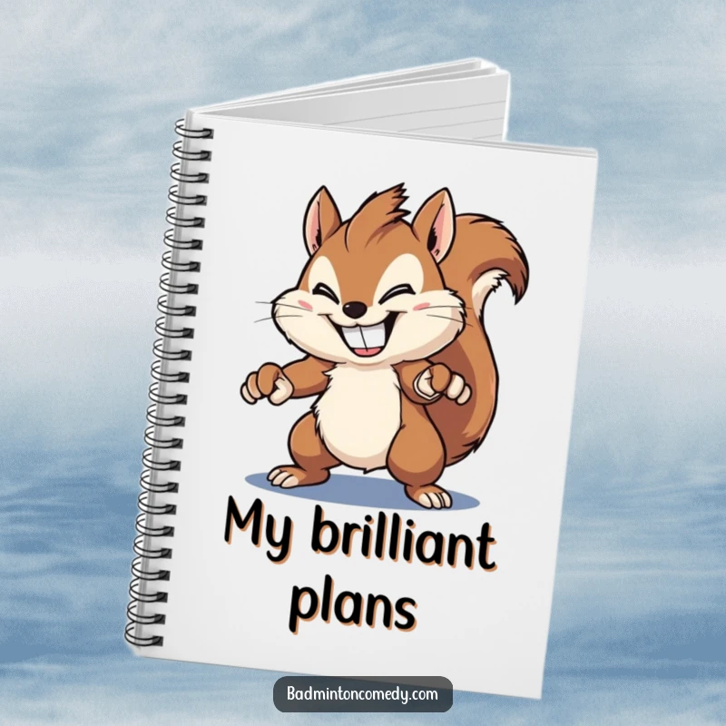 Funny squirrel notebook, a fluffy squirrel with a wide grin, powerfully smashing a shuttlecock with a racket, ready for your humorous notes.