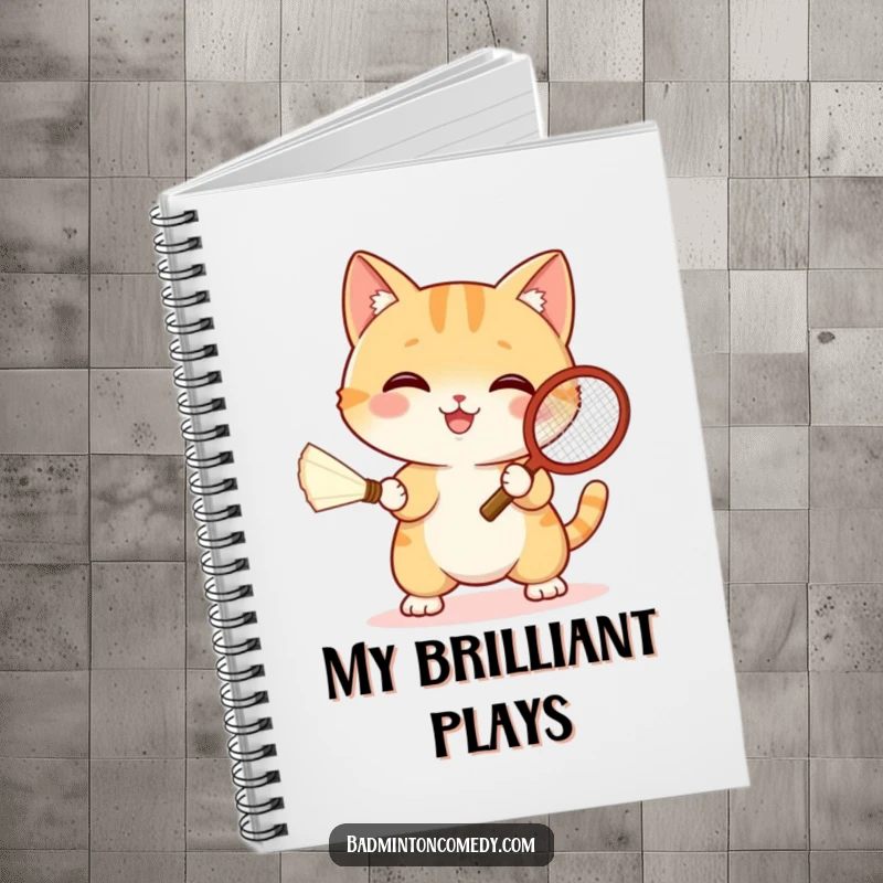 Funny cat playing badminton with a shuttlecock and racket, displayed on the cover of a notebook.
