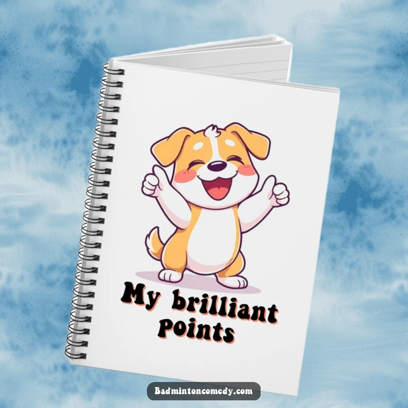 Funny dog tennis notebook featuring a happy dog celebrating a point with a joyful bark and racket swing.