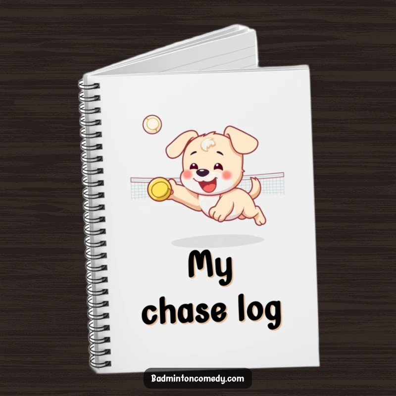 Funny notebook featuring a happy puppy character diving for a shuttlecock on a badminton court, great for notes.