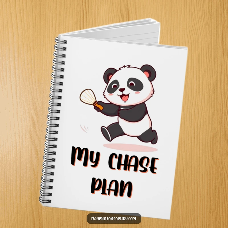 Funny panda chasing a shuttlecock on a badminton court, featured on a notebook for jotting down ideas.