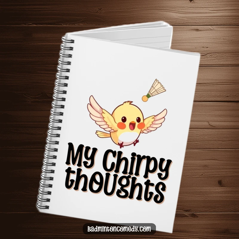 Funny tiny bird fluttering after a shuttlecock on a notebook cover, symbolizing creative pursuit.