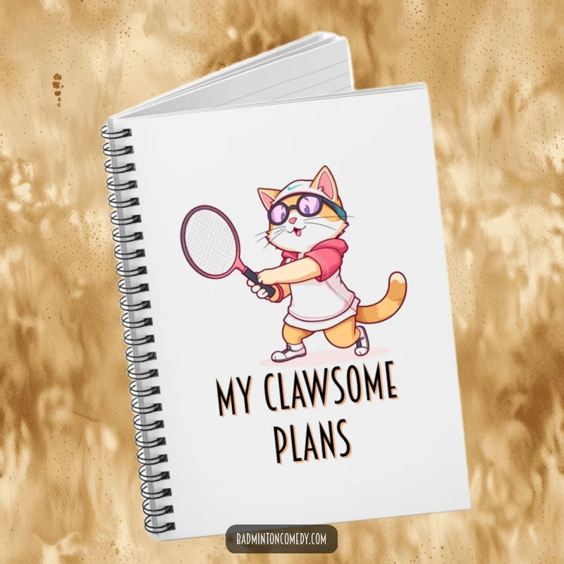 Funny cat wearing athletic gear, swinging a badminton racket with gusto, on a notebook for jotting ideas.