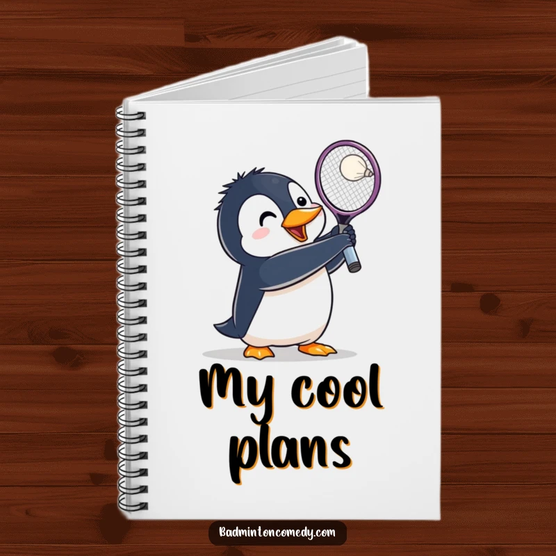 Funny Penguin Badminton Notebook: A penguin character lunges with racket raised, enthusiastically preparing to hit a shuttlecock.