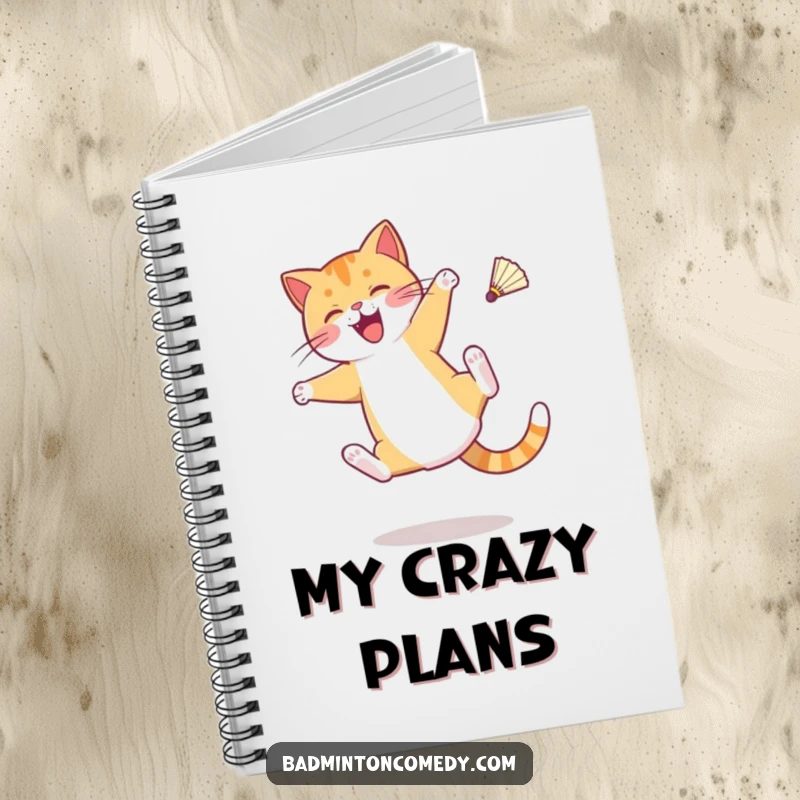 Funny notebook featuring a cat character doing a cartwheel with a shuttlecock mid-air, great for jotting notes.