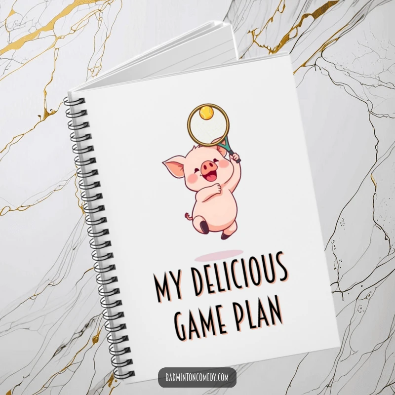 Funny Piglet Badminton Notebook: A gleeful piglet jumping with a badminton racket, designed for note-taking with a humorous sports theme.