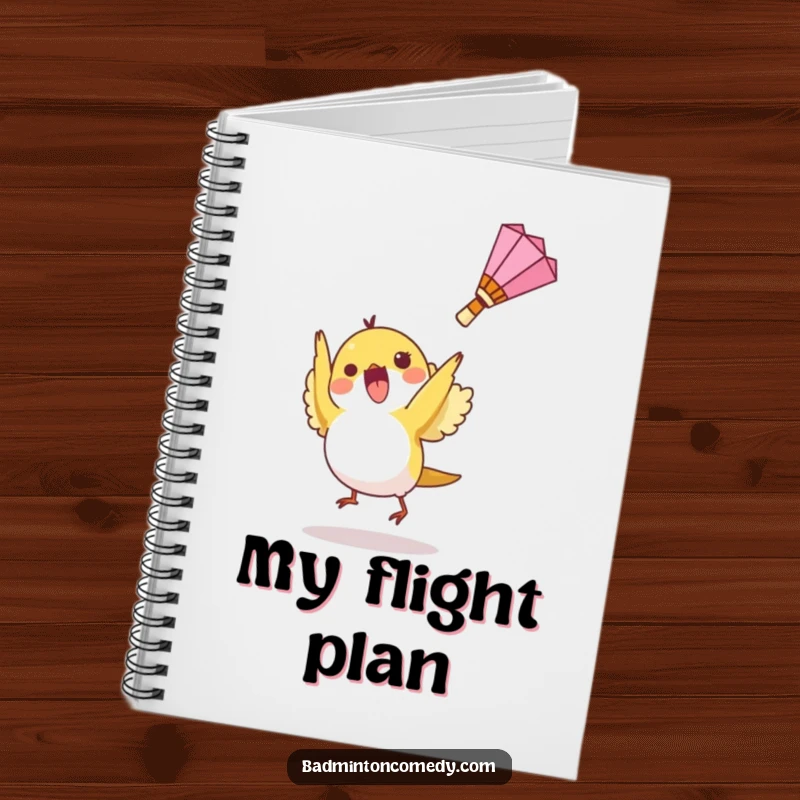 Funny notebook featuring a small bird character hitting a shuttlecock upwards, perfect for jotting down badminton strategies.