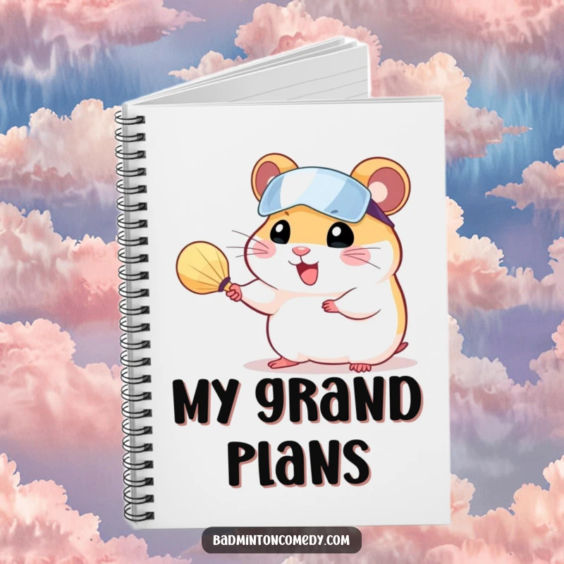 Funny hamster wearing a visor, serving a shuttlecock with a tiny racket, on the cover of a notebook.