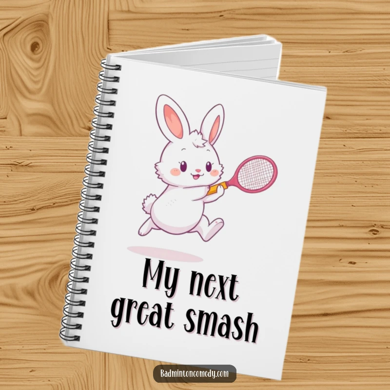 Funny bunny engaged in a badminton match, perfect for a funny notebook cover, a humorous gift.