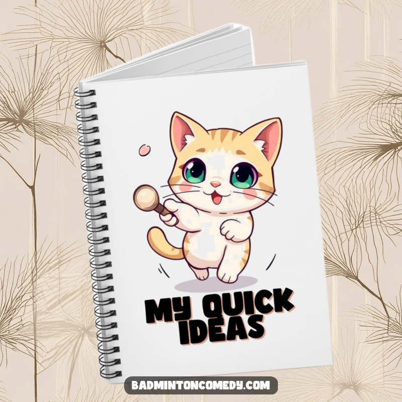 Funny notebook featuring a cat with large eyes deftly dodging a fast shuttlecock, ideal for capturing quick thoughts and ideas.