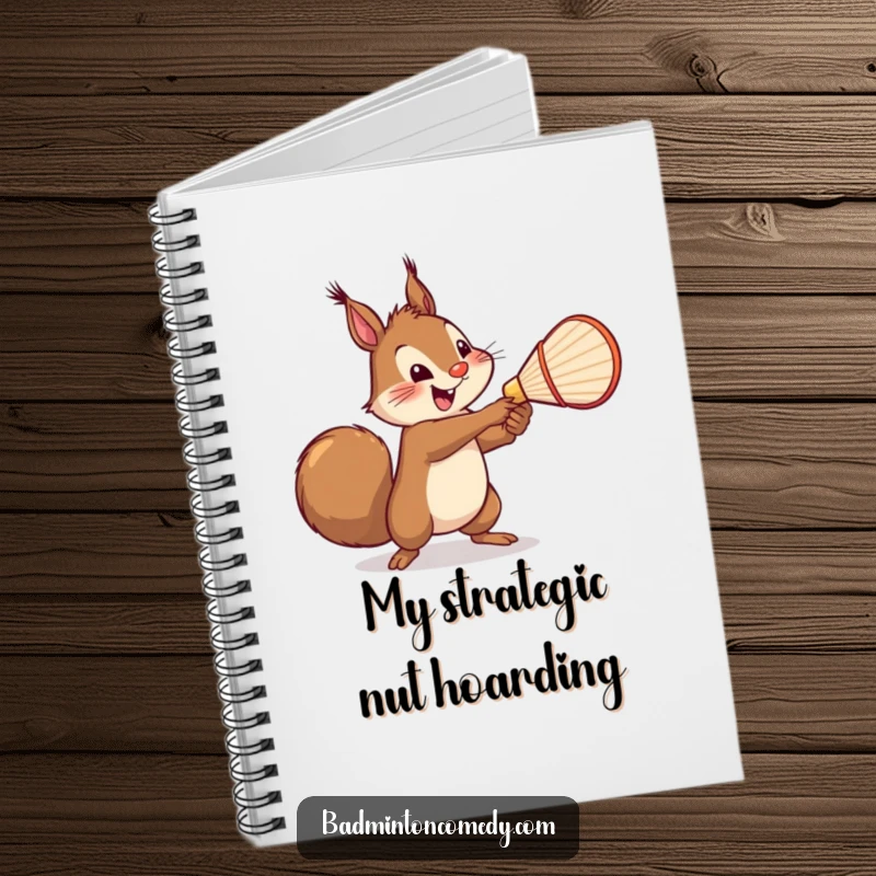Funny Squirrel Badminton Notebook: A cheerful squirrel serving a shuttlecock with a mighty swing, designed for note-taking with a humorous sports theme.