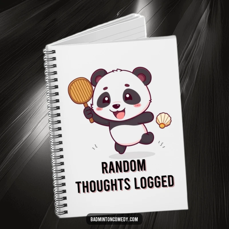 Funny panda excitedly chasing a shuttlecock with a racket, on the cover of a notebook.