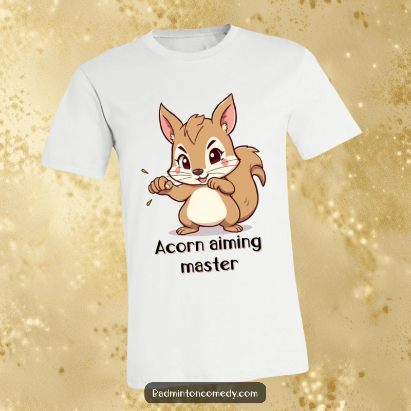 Funny Squirrel Aim T-Shirt: A squirrel character displays intense focus, aiming its racket precisely for an upcoming shuttlecock smash.