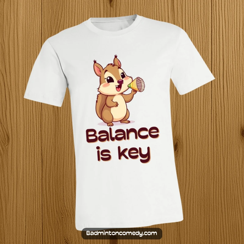 Funny Squirrel Shuttlecock T-Shirt showing a delighted squirrel balancing a shuttlecock on its nose, showcasing impressive dexterity.