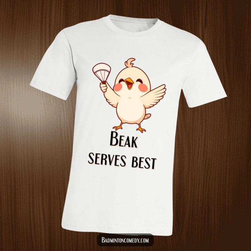 Funny T-Shirt: A small bird enthusiastically serves a badminton shuttlecock with its beak, showcasing playful athletic skill.