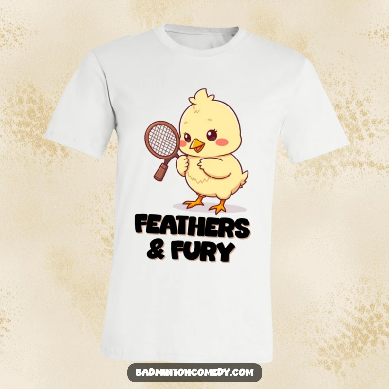 Funny cute chick wielding a tiny racket, enthusiastically pecking a shuttlecock in a comedic badminton game.