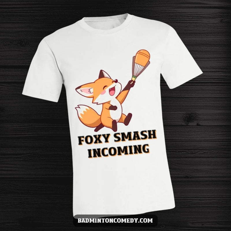 Funny Fox T-Shirt: A dynamic illustration of a fox leaping athletically to smash a badminton shuttlecock.