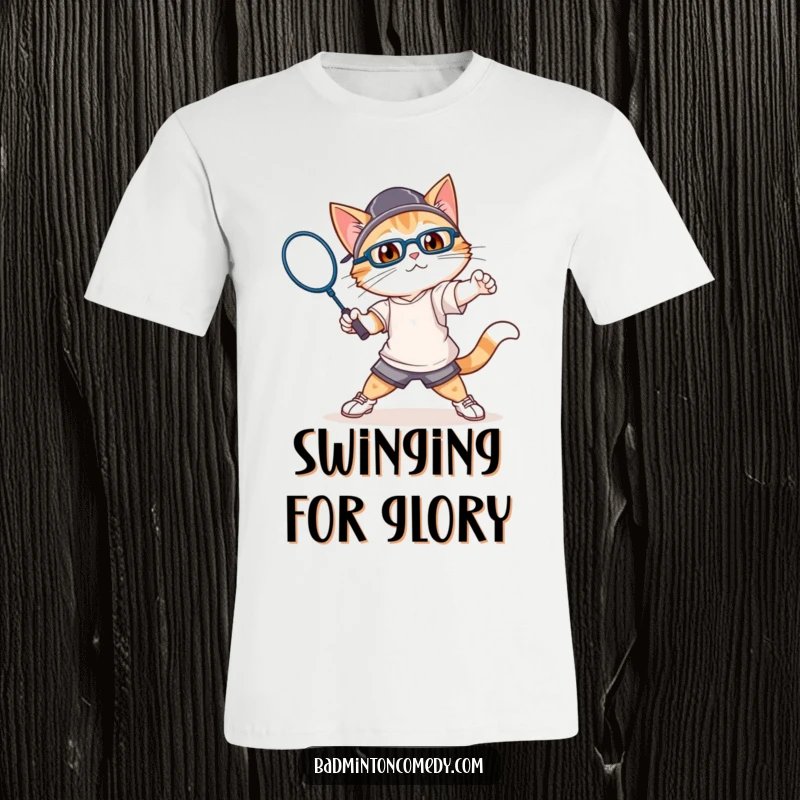 Funny cat wearing athletic gear, swinging a badminton racket with gusto on a t-shirt.
