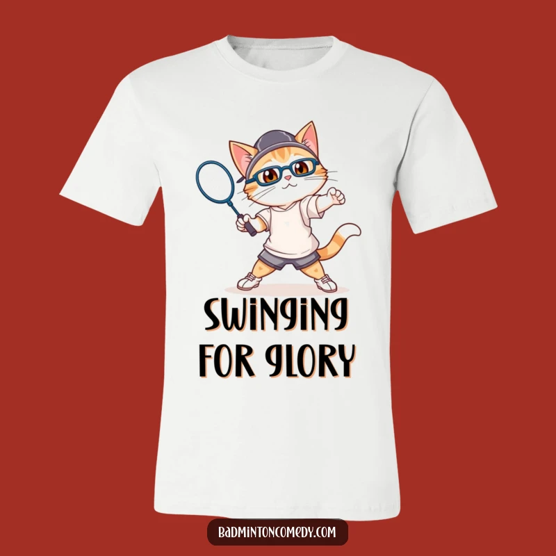 Funny Cat Badminton T-Shirt: Athletic Kitty Swinging Racket - Great Gift