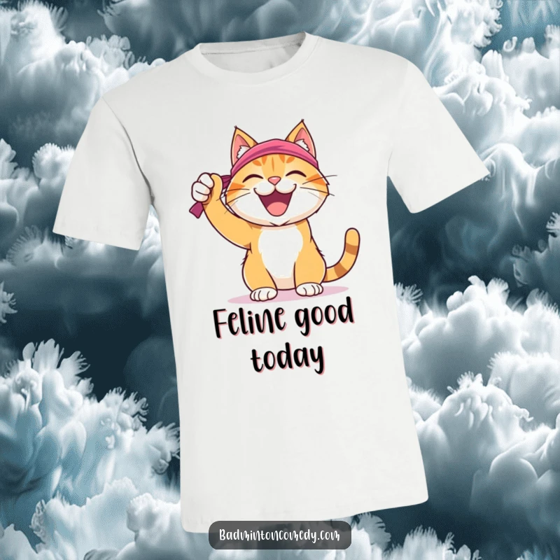Funny Cat Badminton T-Shirt: A joyful cat in a sweatband, celebrating a successful badminton shot with uncontainable happiness.
