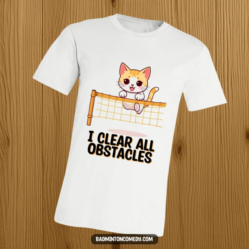 Funny t-shirt with a determined cat character mid-air, jumping over a net with exceptional agility and focus.