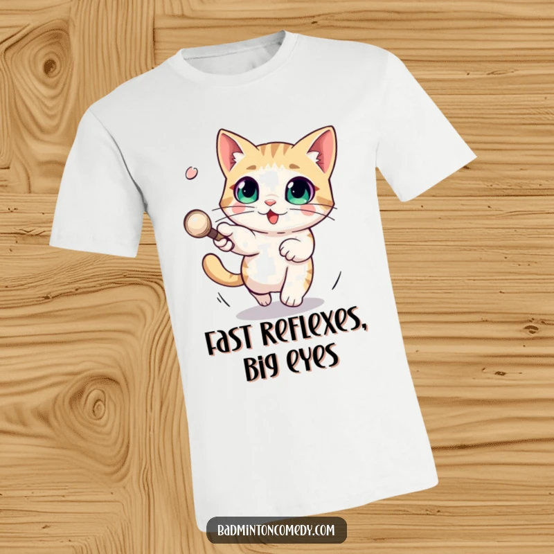 Funny t-shirt with a wide-eyed cat character skillfully dodging a fast shuttlecock, emphasizing its agility and playful evasion.