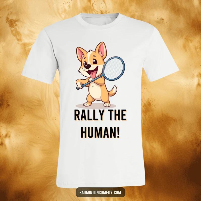 Funny Dog Badminton T-Shirt: An energetic and cheerful dog powerfully swings a badminton racket, aiming for the shuttlecock.