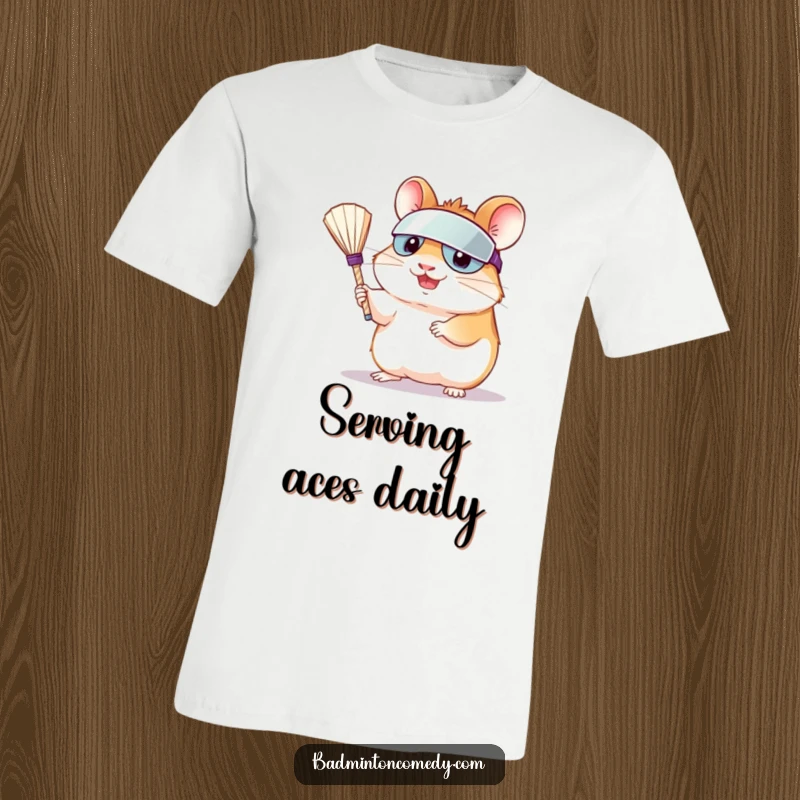Funny cartoon hamster in athletic visor serving a shuttlecock, ready to play badminton, energetic and humorous graphic.