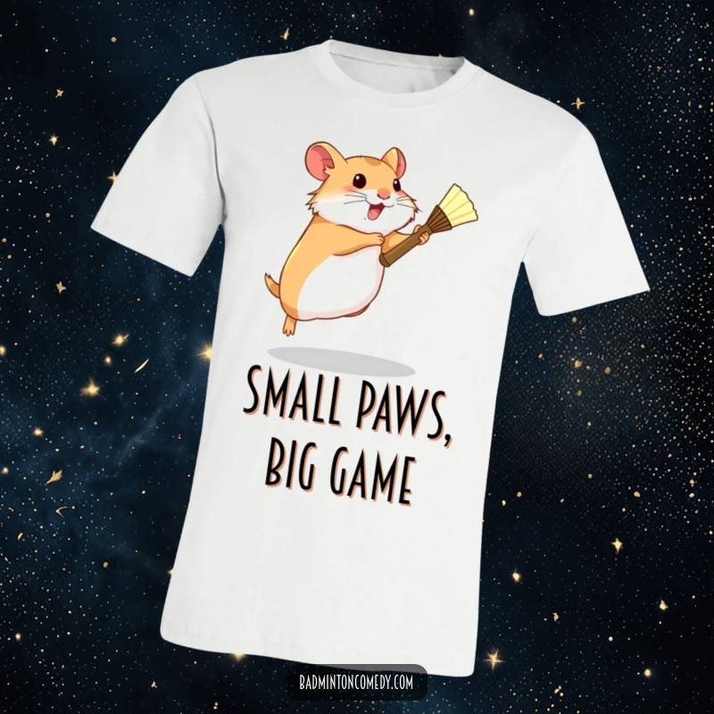 Funny Hamster Badminton T-Shirt: A determined hamster leaping with a tiny racket to hit a shuttlecock, showing intense focus.