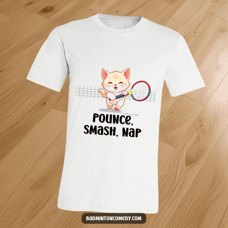 Funny Kitten Badminton T-Shirt: A playful kitten joyfully chasing a shuttlecock on a badminton court, full of feline energy.