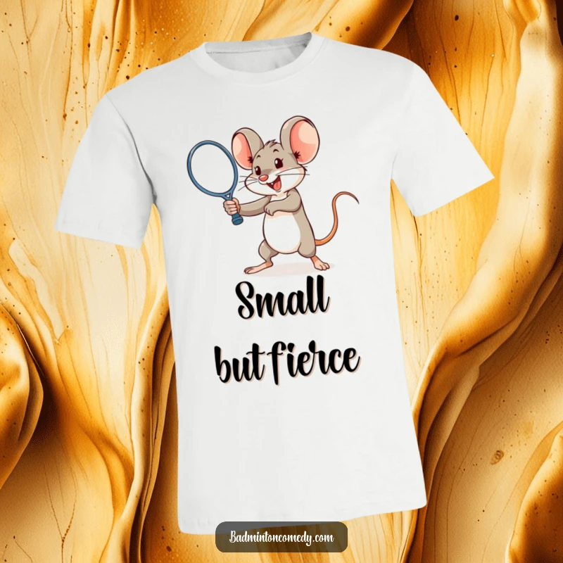 Funny cheerful mouse performing a powerful smash with a racket on a t-shirt, highlighting strength.
