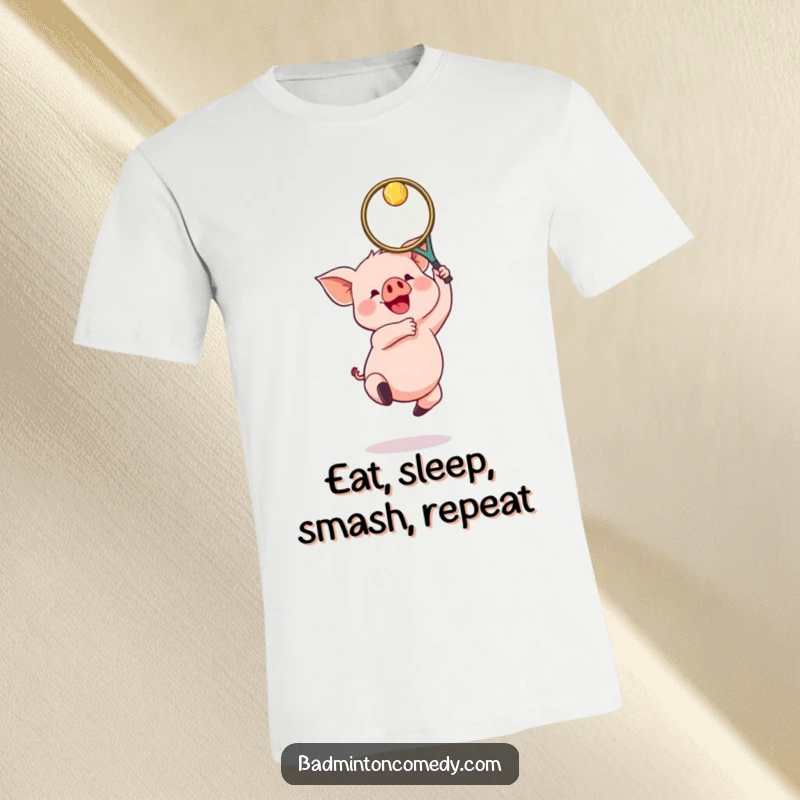 Funny Piglet Badminton T-Shirt: A gleeful piglet jumping enthusiastically to hit a shuttlecock with its racket.
