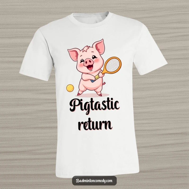 Funny Piglet Return T-Shirt: A happy piglet character with great enthusiasm returns a shuttlecock shot using a badminton racket.