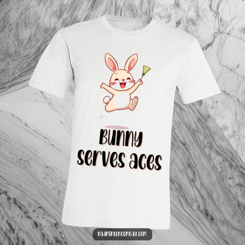 Funny T-Shirt: A cheerful rabbit in mid-air, powerfully smashing a badminton shuttlecock, celebrating athletic joy with a smile.