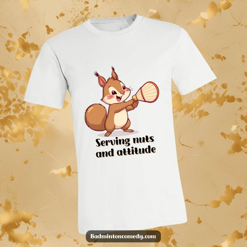 Funny Squirrel Badminton T-Shirt: A cheerful squirrel swinging its racket mightily to serve a shuttlecock, full of energy.