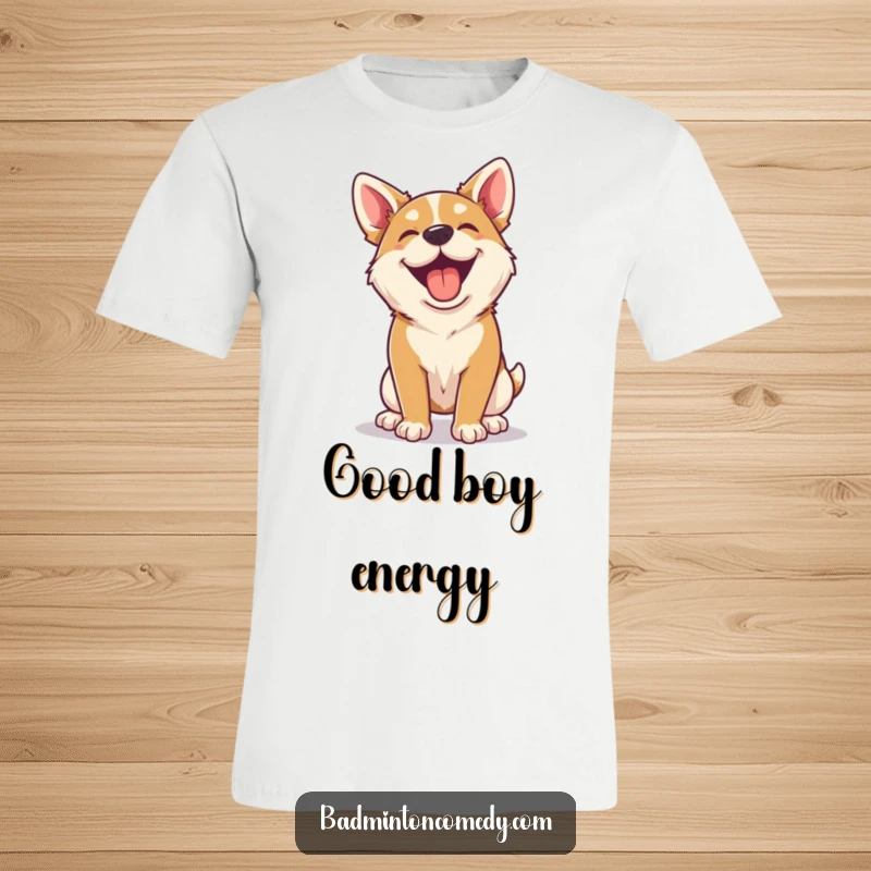 Funny happy dog panting with delight after a badminton rally on a t-shirt, expressing joy.