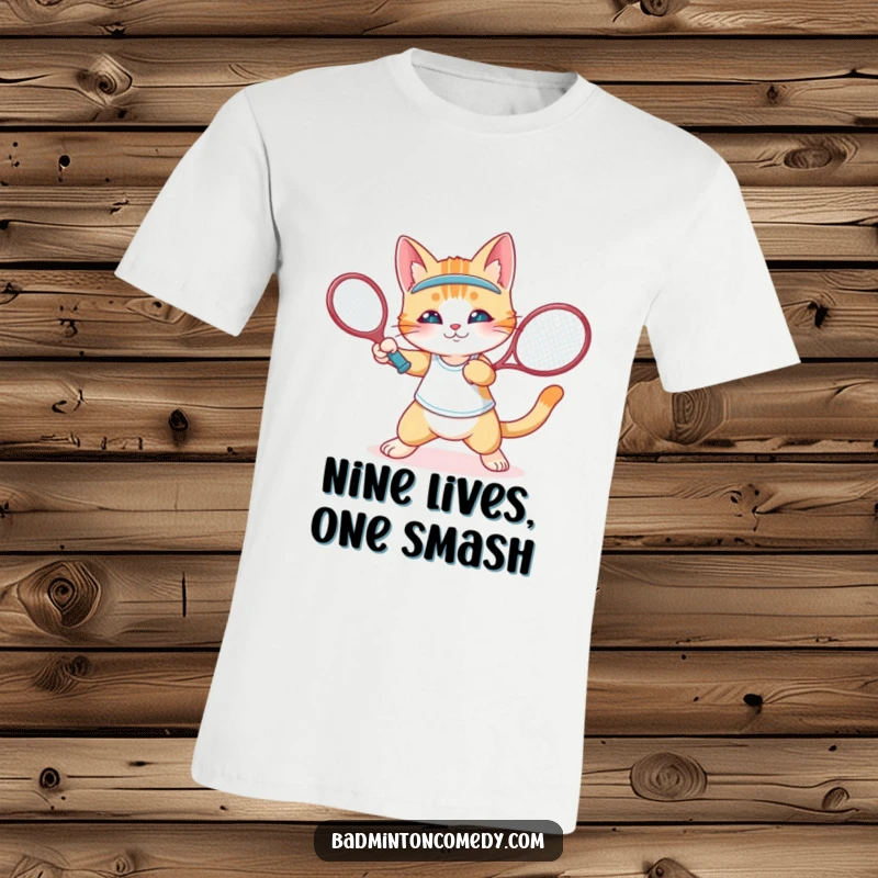 Funny cat performing a swift wrist flick with a badminton racket on a hilarious t-shirt, funny gift.