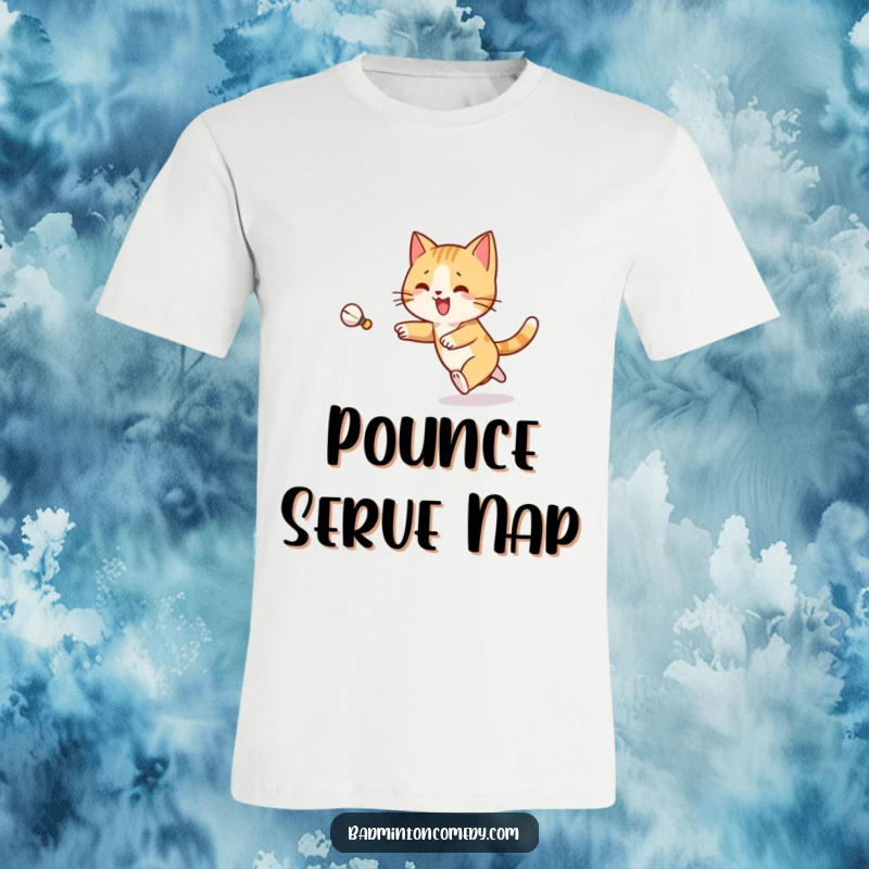 Funny Cat Badminton T-Shirt: A lively cat character is depicted mid-chase, joyfully pursuing a shuttlecock across a badminton court.