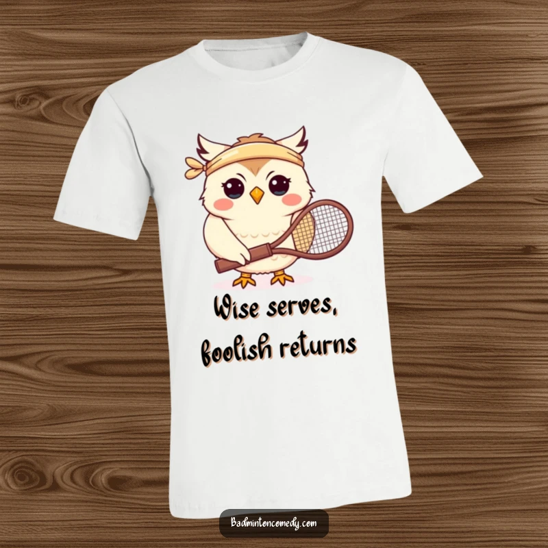Funny t-shirt with a smiling owl character sporting a headband and holding a tennis racket, ready for a match.