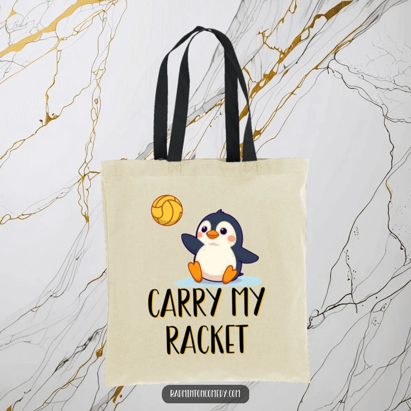 Funny Tote Bag: A penguin gracefully sliding on a tennis court, capturing the essence of effort and humor.