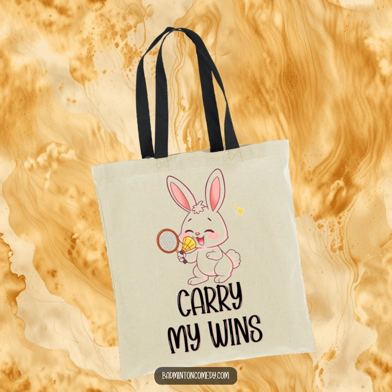 Funny Bunny Tote Bag: A durable tote bag with a funny illustration of a bunny using its nose to hit a badminton shuttlecock.