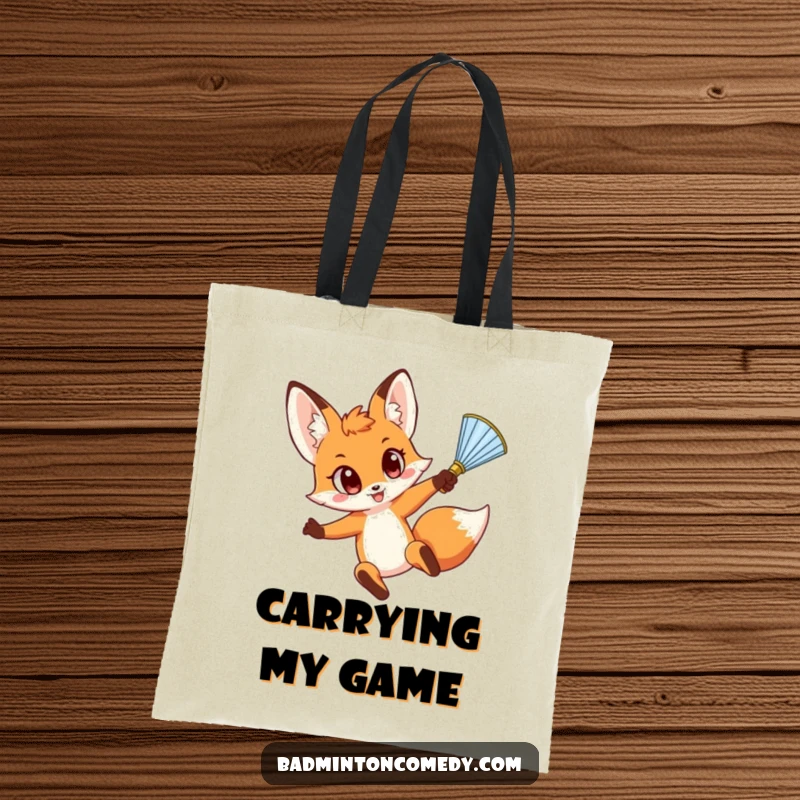 Funny Fox Smash Tote Bag: A comical fox with wide eyes jumps high, actively smashing a shuttlecock during a badminton match.