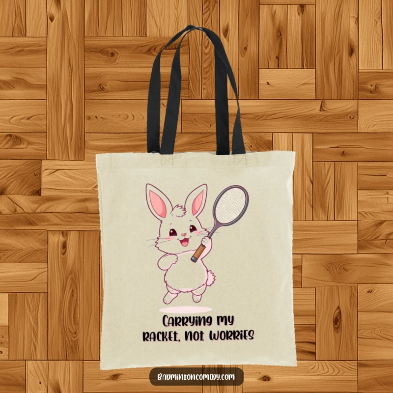 Funny Bunny Badminton Tote Bag with a fluffy rabbit swinging a racket, great for carrying essentials with style.