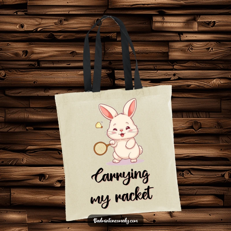 Funny Bunny Badminton Tote Bag: A fluffy bunny masterfully hits a shuttlecock with its tiny badminton racket, ready for adventure.