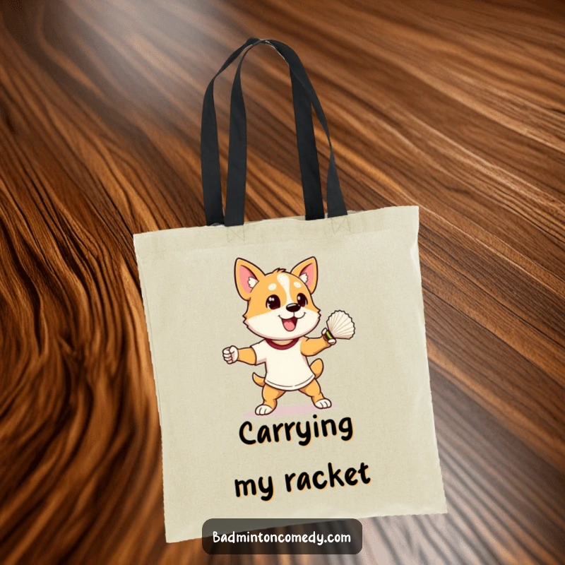 Funny dog in athletic stance, ready to smash a shuttlecock, on a durable badminton tote bag, a funny gift.