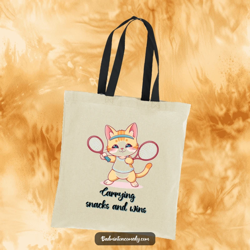 Funny cat character executing a badminton shot on a stylish tote bag, funny gift.