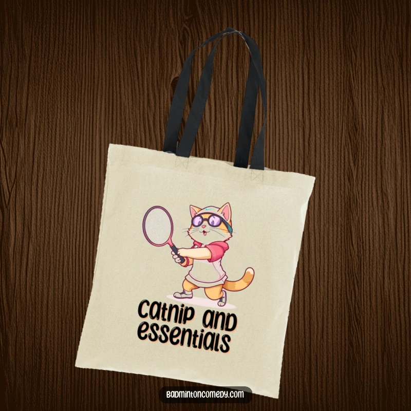 Funny cat wearing athletic gear, swinging a badminton racket with gusto, on a handy and humorous tote bag.