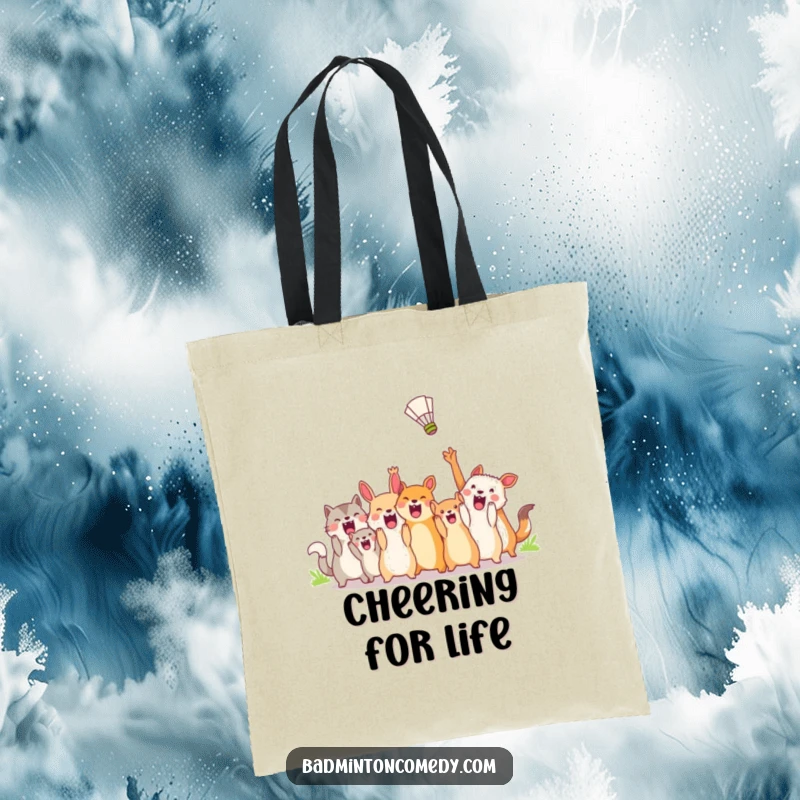 Funny Tote Bag: Enthusiastic animals celebrating a shuttlecock's flight, showcasing a lively and humorous depiction of sports excitement.