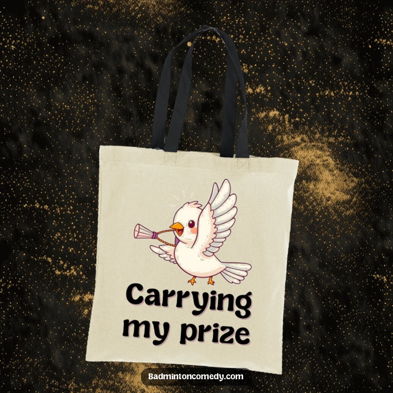 Funny bird character soaring with a shuttlecock in its beak on a charming badminton tote bag, perfect for gifting.